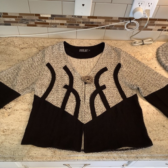 Zele Black and Tan Cardigan Sweater Size Small Button Flax & Cotton - Picture 8 of 11